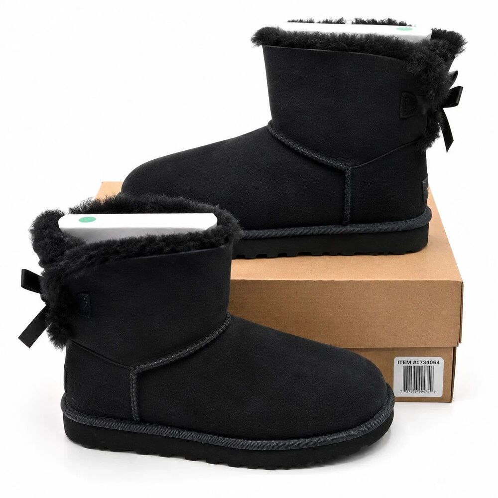 UGG Mini Bailey Bow II Women's 9 Black Sheepskin Suede Ankle Boots 1016501-BLK